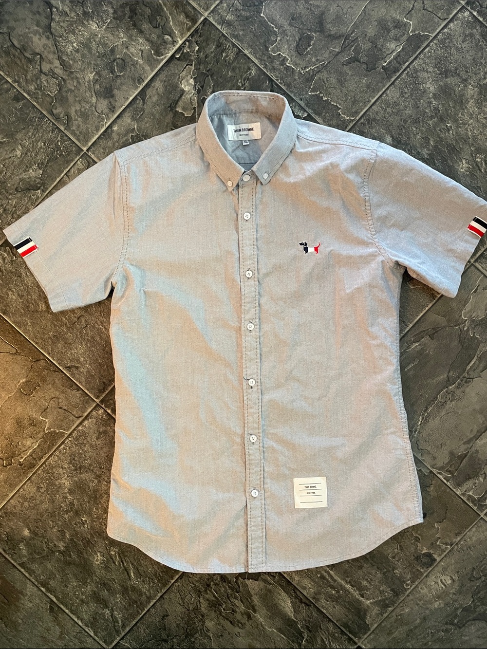 THOM BROWNE Chambray Blue Short-Sleeve Preppy Coastal Cotton Button-Up Shirt